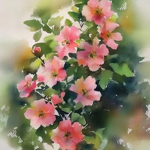 Rosa Wildrosen Wandkunst, Aquarell Blumendruck, Botanische Garten Malerei, Pastellblumen Kunst, Natur inspiriert Wohnkultur