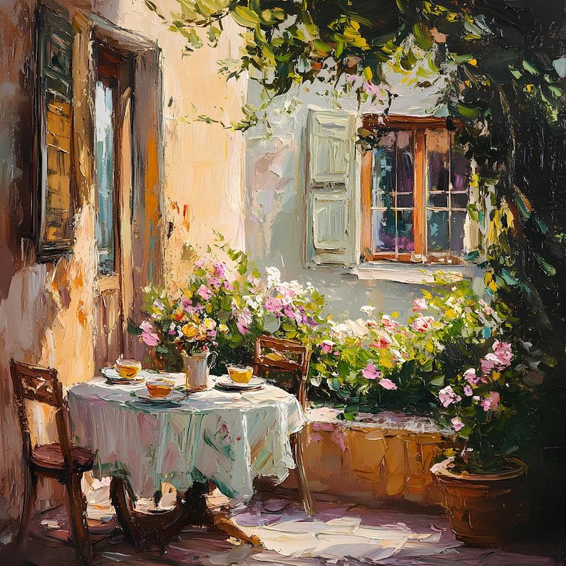 May include: A painting depicting a patio scene with a table set for two, surrounded by lush greenery and flowers. The table has a white tablecloth and two chairs. A window with wooden shutters can be seen in the background.