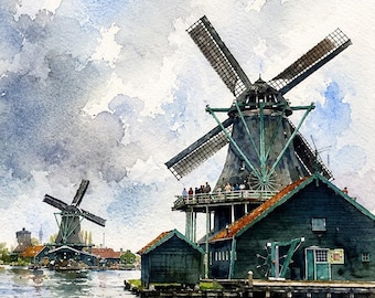 Stampa ad acquerello di un mulino a vento olandese, Zaanse Schans Wall Art, dipinto di paesaggio olandese, arredamento rustico per cottage, poster di una casa colonica costiera
