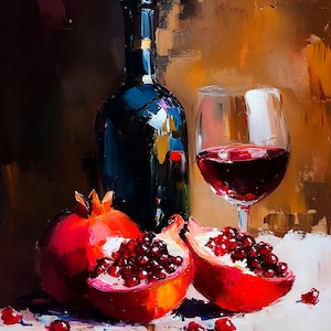 Natura morta con melograno Bicchiere di vino rosso Decorazione da cucina Dipinto a olio impressionista Opera d'arte di frutta Stampa da cucina gourmet Regalo per gli amanti del vino