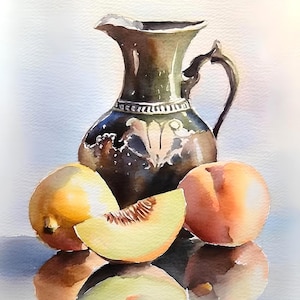 Watercolor Still Life Art Print: Ceramic Jug and Fruits, Rustic Kitchen Decor
