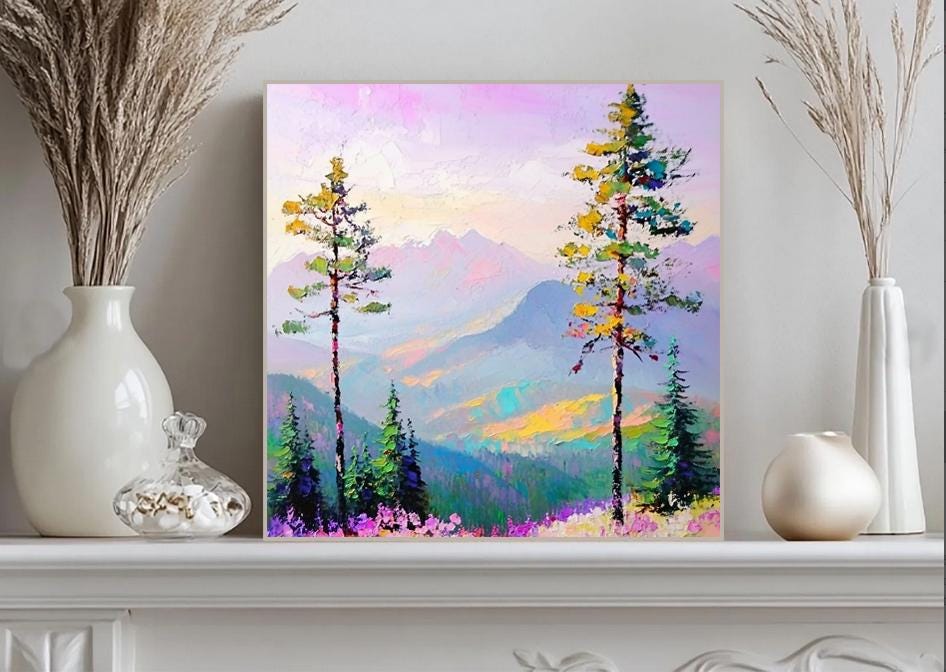 Bright Pine Trees Impressionist Mountain Landscape Art Print Bright Pine Trees Impressionist Mountain Landscape Art Print