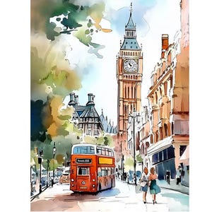 London Watercolor Print: Big Ben & Red Bus Cityscape