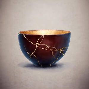 Peut inclure: Un bol en céramique bordeaux foncé avec des accents dorés. Le bol présente un design Kintsugi, avec des lignes dorées soulignant les fissures. L'intérieur du bol est également doré. Le bol est posé sur un fond neutre.