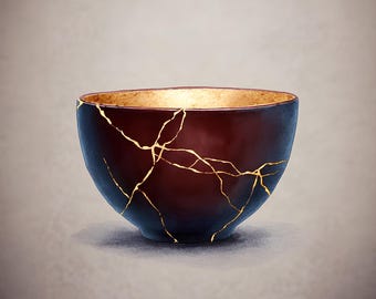 Poster A Japanese kintsugi bowl  Art Print   Wabi Sabi Watercolor, Gold Crack Pottery Wall Art