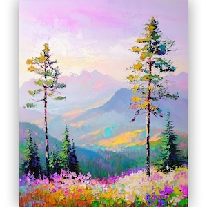 Dipinto di paesaggio impressionista vibrante, valle di montagna colorata, arte murale di montagna, dipinto di fiori selvatici, arte di pini, stampa artistica a olio