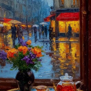 Peut inclure: Peinture impressionniste d'une scène de rue parisienne pluvieuse. Une table au premier plan présente une théière, une tasse à thé et un vase de fleurs orange et violettes. La rue reflète les lumières des magasins et des parapluies.