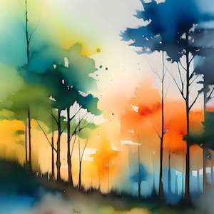 Moderne Landschaft Bunte Wald Kunstdruck Aquarell Malerei Lebendige Wand Kunst Abstrakte Malerei