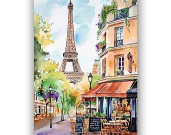 Paris Street Cafe Watercolor Art Print, Eiffel Tower Poster