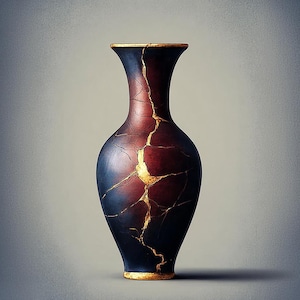 May include: A decorative vase with a dark blue and burgundy color scheme, featuring gold-colored crack lines. The vase has a flared top and a rounded body, with gold accents at the top and base.