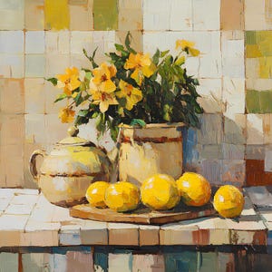 Natura morta con limoni e fiori, stampa a olio in stile impressionista