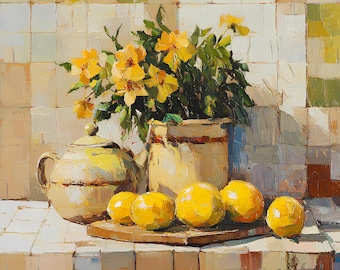 Still Life with Lemons and Flowers,  Oil Painting Print in Impressionism Style