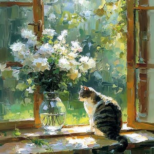 May include: An impressionistic painting of a cat on a windowsill, gazing out at a sunlit garden. A clear glass vase contains white flowers. The scene is framed by a wooden window, with green foliage visible outside.