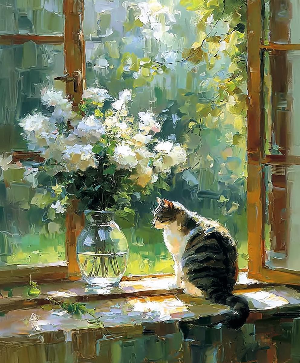 Cat on Sunlit Windowsill With Flowers – Cozy Impressionist