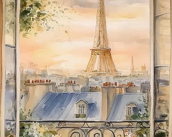 Paris Balcony View with Eiffel Tower  Romantic Watercolor Wall Art Print