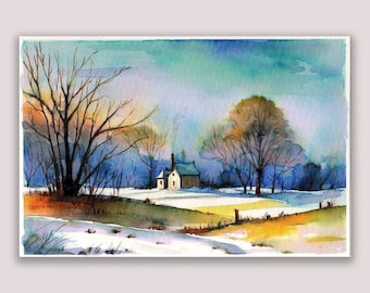 Rural Landscape, Hand Painted folding Card, Watercolor Painting, Watercolor Landscape, Postcard with Envelope