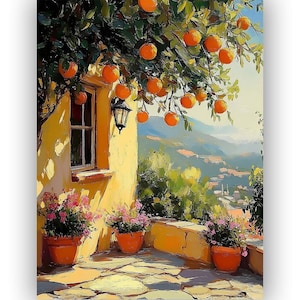 May include: An impressionistic painting of a sunny outdoor scene. A yellow building with a window and a black lantern is partially visible. Orange trees hang overhead, and potted pink flowers sit on a stone patio. Mountains are in the background.