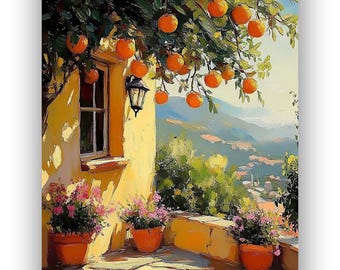 A Mediterranean courtyard Tuscan wall art Oil painting print Orange tree painting Impressionist artwork