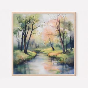 Watercolor Forest River Art Print: Spring Landscape Wall Decor