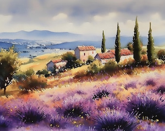 Lavender Field Provence Art Print: French Country Watercolor Landscape