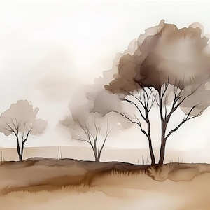 Pintura abstracta de árbol con paisaje, impresión artística en acuarela, arte mural en tonos tierra neutros, impresión en gris y marrón, póster, arte mural con árboles abstractos
