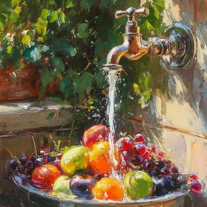 May include: An oil painting shows a still life of fresh fruit being washed. A silver tap pours water over a bowl filled with red apples, green apples, oranges, and purple grapes. Lush green foliage and sunlight are in the background.