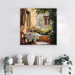 May include: A painting depicting a table set for tea in a courtyard with a window and flowers. The table is covered with a white tablecloth and has four chairs. There are flowers in pots and hanging baskets.