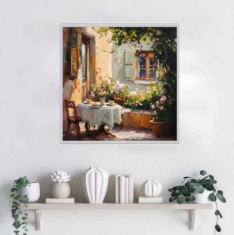 May include: A painting depicting a table set for tea in a courtyard with a window and flowers. The table is covered with a white tablecloth and has four chairs. There are flowers in pots and hanging baskets.