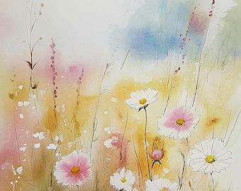 Watercolor Wildflower Meadow Art Print: Rustic Floral Wall Decor
