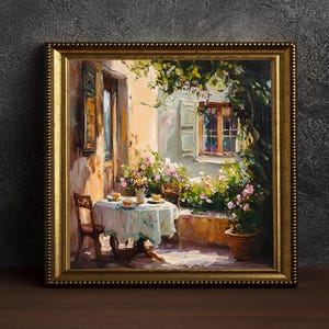 May include: A painting depicting a charming outdoor dining area with a table set for two, surrounded by abundant greenery and flowers. The scene features a white table with a white tablecloth, two chairs, and a window overlooking a garden.