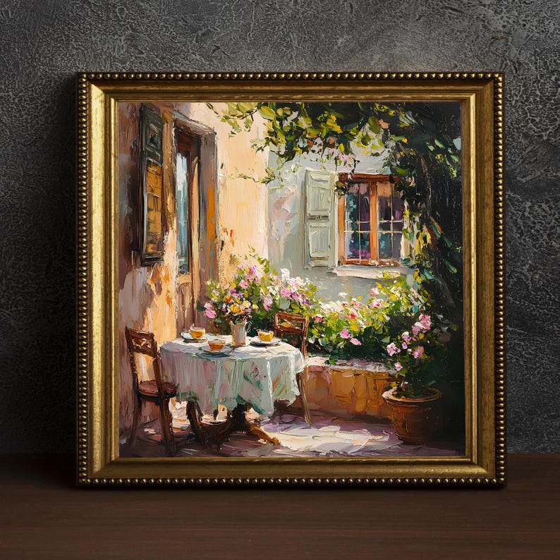 May include: A painting depicting a charming outdoor dining area with a table set for two, surrounded by abundant greenery and flowers. The scene features a white table with a white tablecloth, two chairs, and a window overlooking a garden.