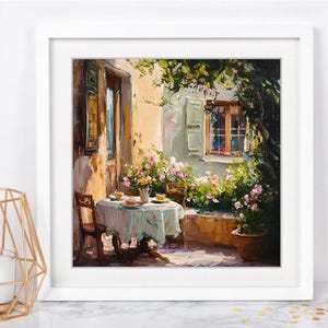 May include: A painting depicting a charming outdoor dining area with a table set for tea. The table is covered in a white tablecloth and has four chairs. There are flowers and greenery in the background, and a building with a window can be seen.