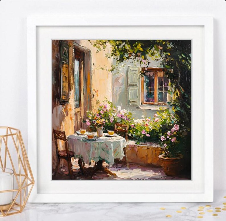 May include: A painting depicting a charming outdoor dining area with a table set for tea. The table is covered in a white tablecloth and has four chairs. There are flowers and greenery in the background, and a building with a window can be seen.