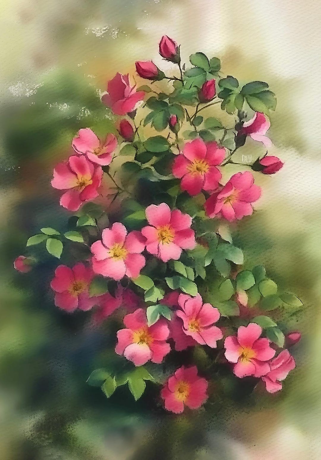 Pink Wild Roses, Wall Art,watercolor Floral Print, Botanical Garden ...
