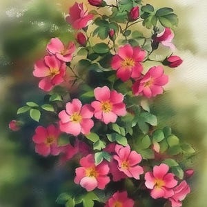Rosa Wildrosen, Wandkunst, Aquarell Blumendruck, Botanische Gartenmalerei, Pastellblumen Kunst, Natur inspirierte Wohnkultur