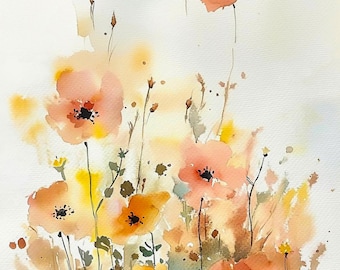 Poppy Field  Art Print Watercolor Painting, Neutral Floral