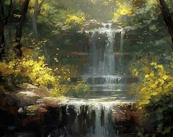 Wald Wasserfall Wandkunst, Wasserfall Aquarell Druck, Wald Landschaft Malerei, Natur Wand-Dekor, friedliche Wald Kunstwerk
