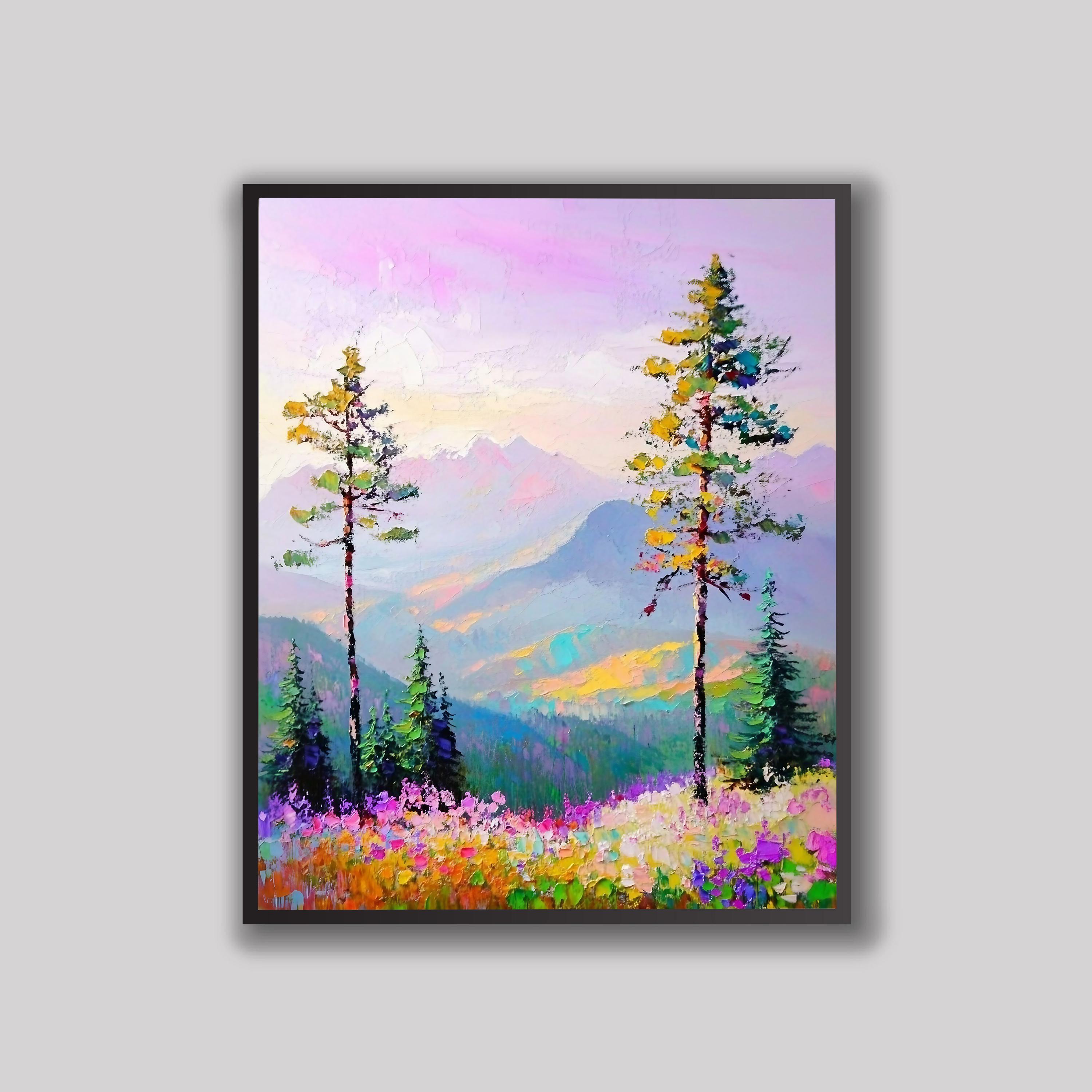 Bright Pine Trees Impressionist Mountain Landscape Art Print Bright Pine Trees Impressionist Mountain Landscape Art Print