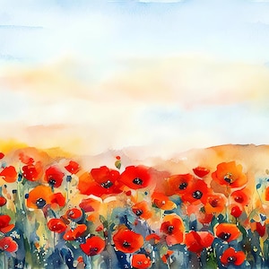 Red Poppies Watercolor Print: Meadow Landscape Wall Art