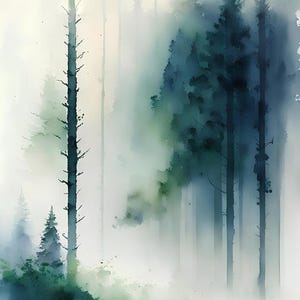 Forest in the fog  Smoky landscape, Misty forest art  Pine Trees, Watercolor painting, Art print