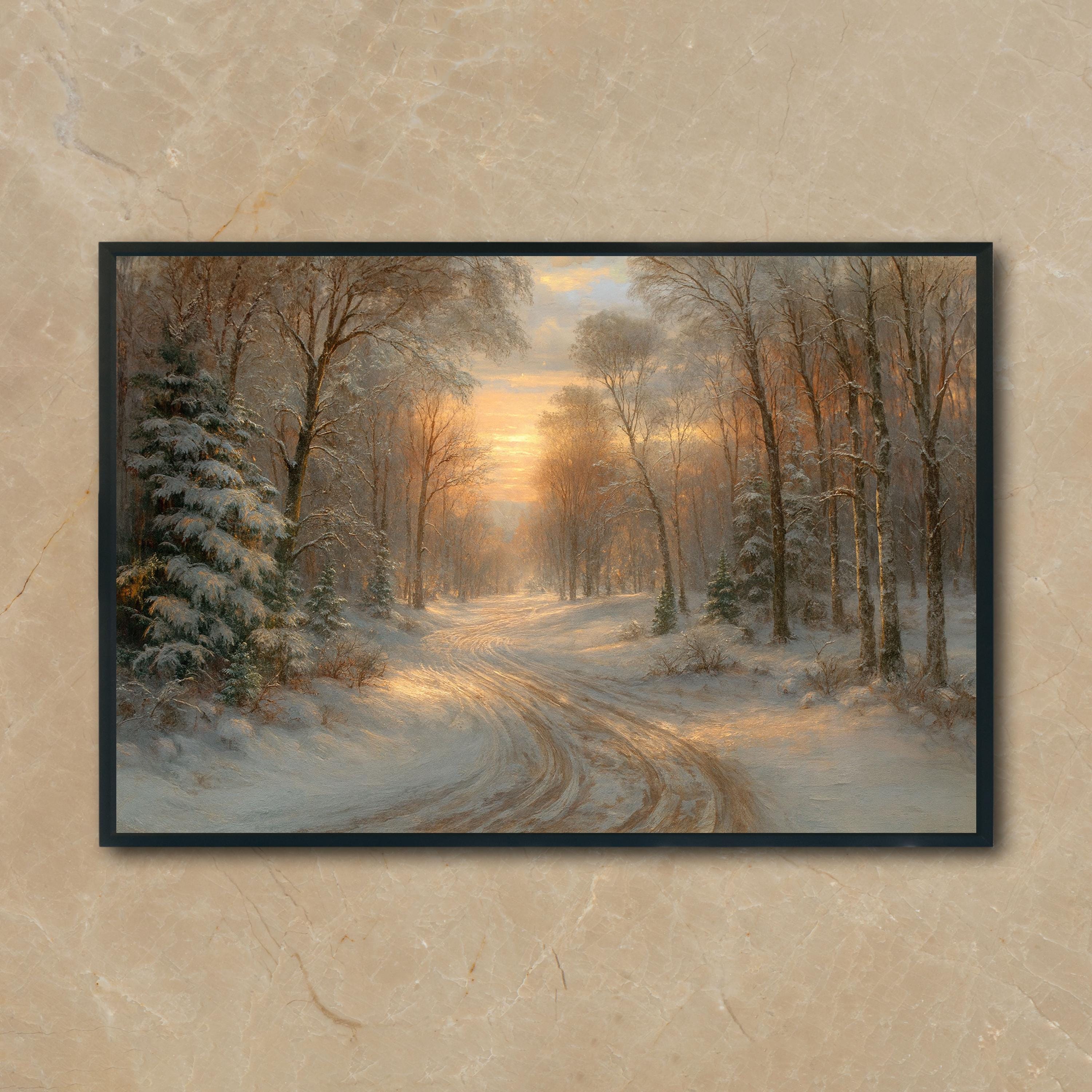 Winter Forest Landscape Print, Snowy Sunrise, Rustic Woodland Wall Art ...