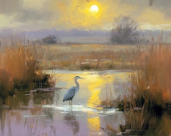 Blauwe reiger bij zonsondergang, wetlands, kunstprint, impressionistisch natuurlandschap