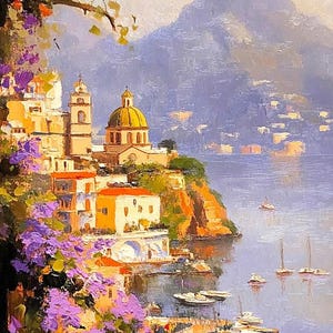 Paesaggio urbano costiero di Positano, arte murale della Costiera Amalfitana, Italia romantica, paesaggio costiero, stampa panoramica dell'Italia, Positano, acquerello, impressionismo