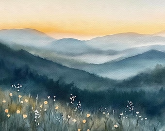 Smoky Mountains, Print, Appalachian Mountains Landscape,  Wildflowers Field, Watercolor Painting