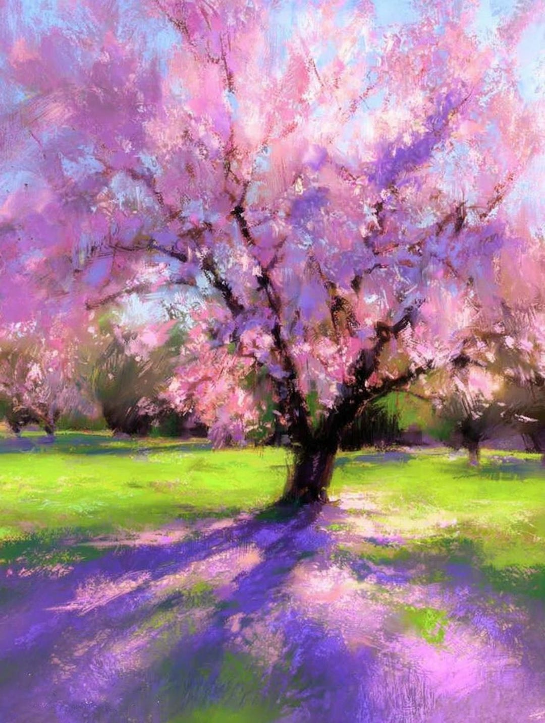Cherry Blossom Tree Print Pink Spring Landscape Painting Impressionist ...