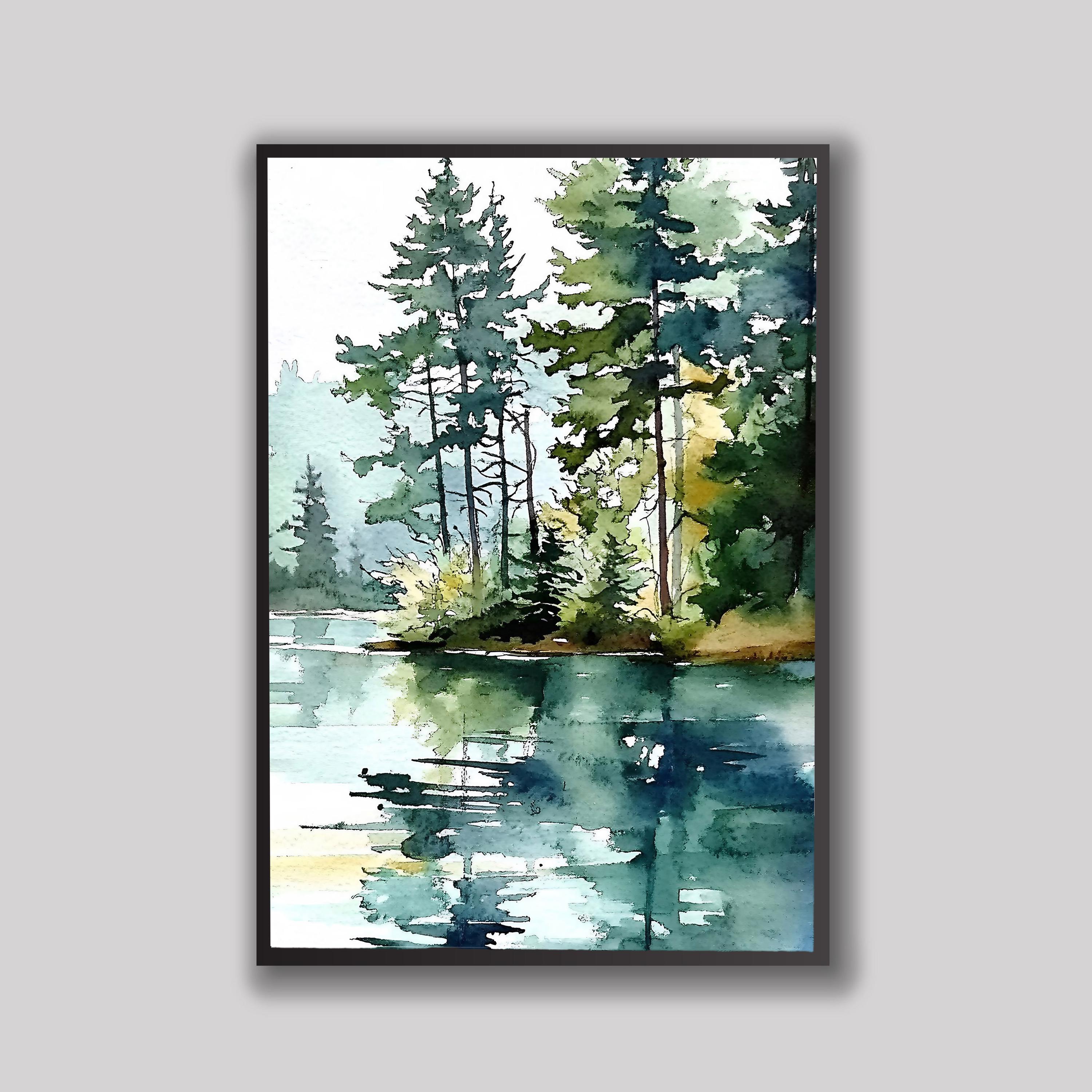 Forest Lake Watercolor Art Print: Abstract Pine Tree Landscape - Etsy