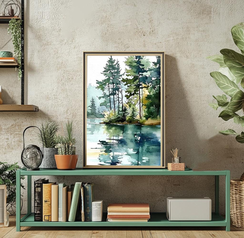 Forest Lake Watercolor Art Print: Abstract Pine Tree Landscape - Etsy