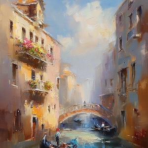 May include: Oil painting of a Venetian canal scene. Buildings with balconies and flowers line the waterway. A bridge arches over the canal, and gondolas with passengers float on the water. The sky is a soft blue with clouds.