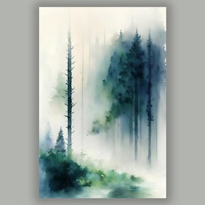 Foresta nella nebbia Paesaggio fumoso, Pini, Acquerello, Stampa artistica