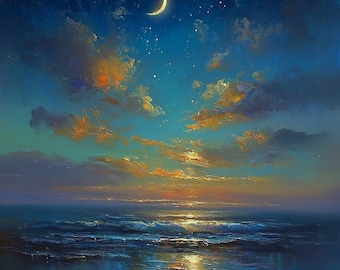 May include: An oil painting of a seascape at night, featuring a crescent moon and stars in the sky. The clouds are touched with orange and gold, reflecting in the water. The scene evokes a sense of peace and tranquility, with the sea gently lapping the shore.